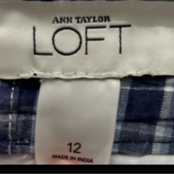 LOFT Patchwork Skirt Women Sz 12 Blue Madras Lined Zipper Button Pockets Preppy - Picture 9 of 10